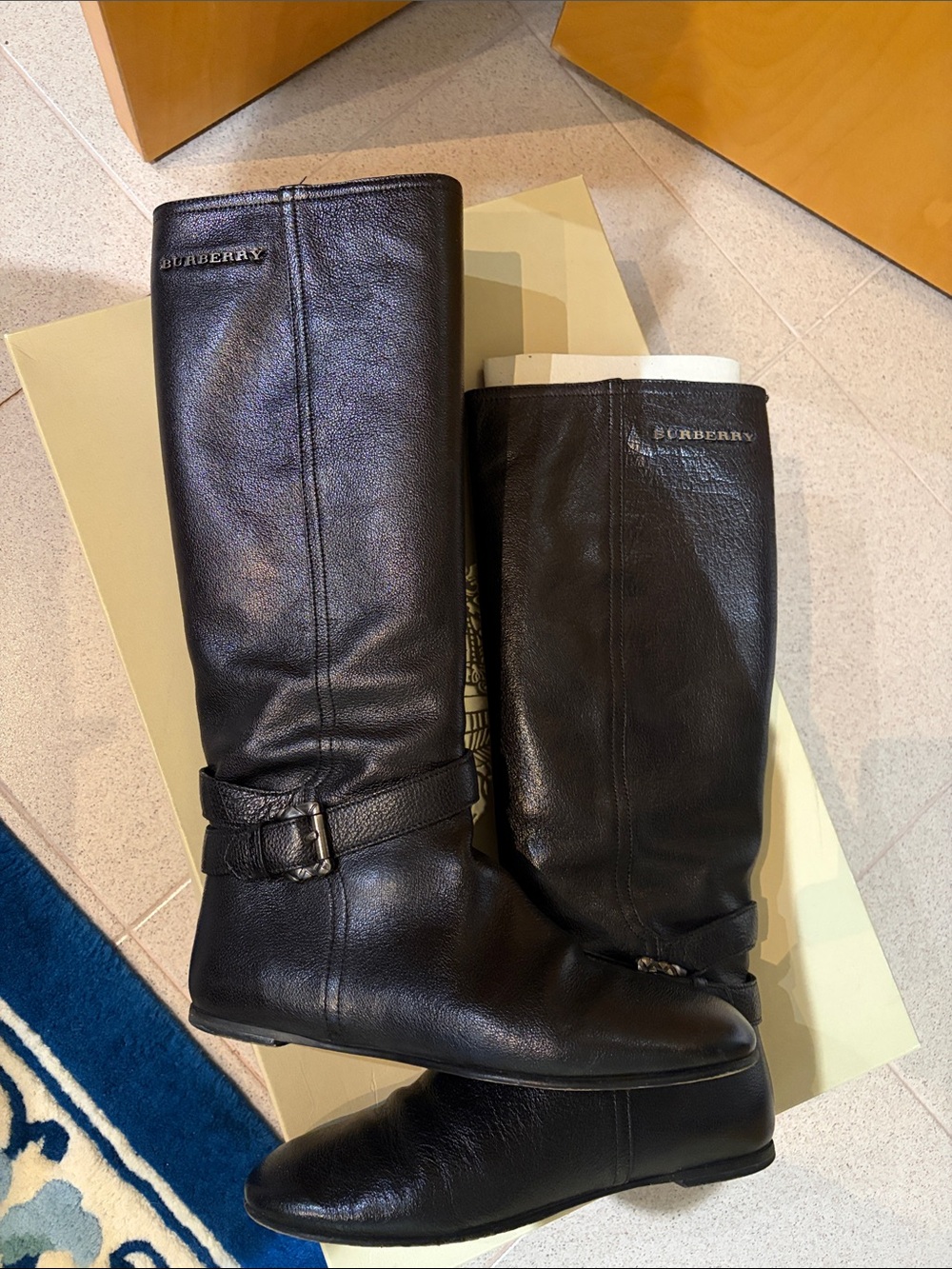 Burberry Black Leather Knee-High Riding Boots with Buckle Detail